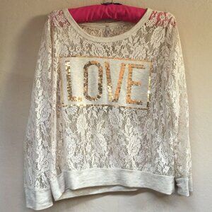 LA Banga Womens Floral Sequins LOVE Pullover Long Sleeve Top Blouse Large Ivory